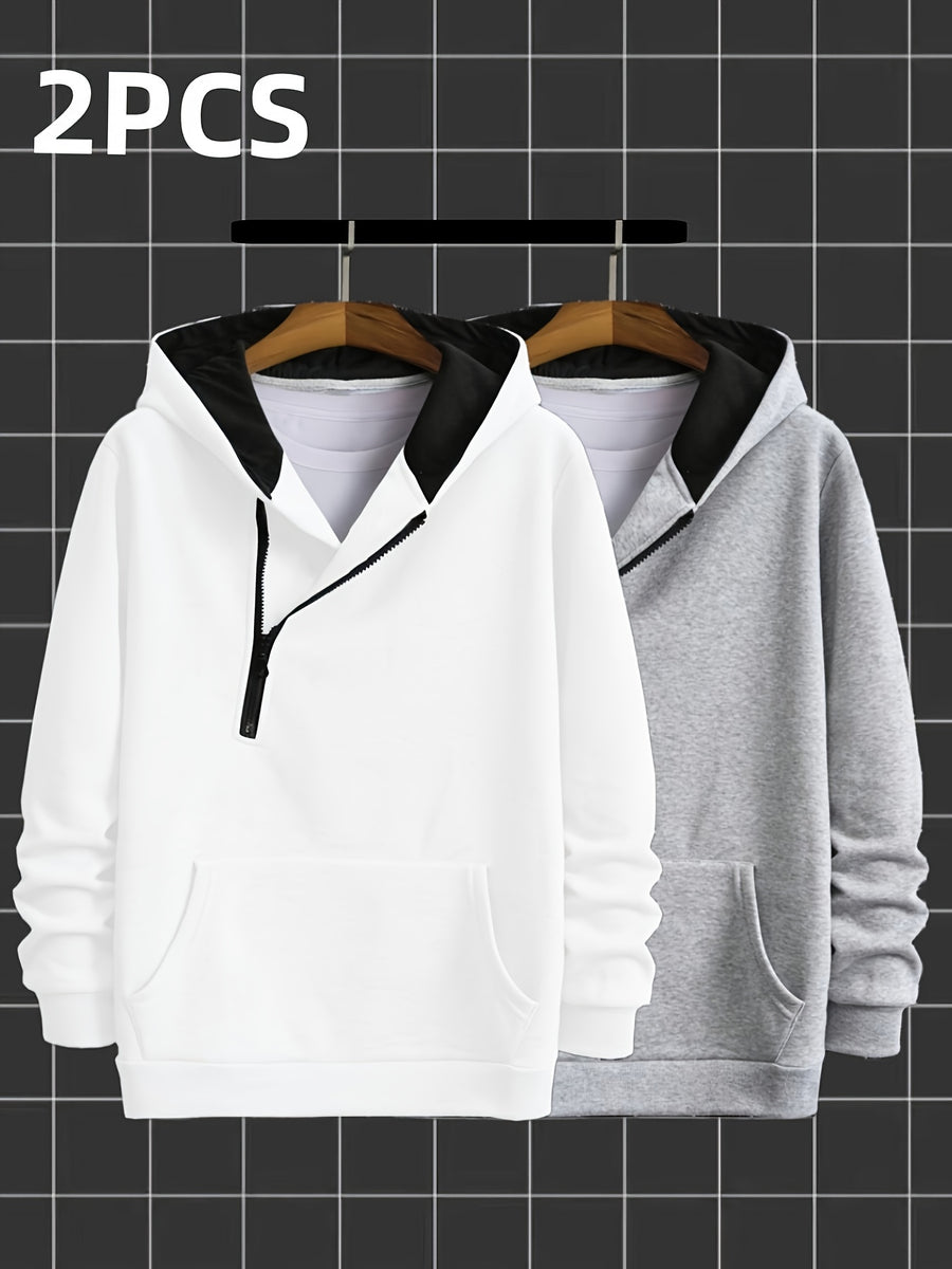 2pcs Novelty Diagonal Zipper Hoodie, Men's Casual Stretch Hooded Sweatshirt Jacket, Men's Sportswear - White and Grey