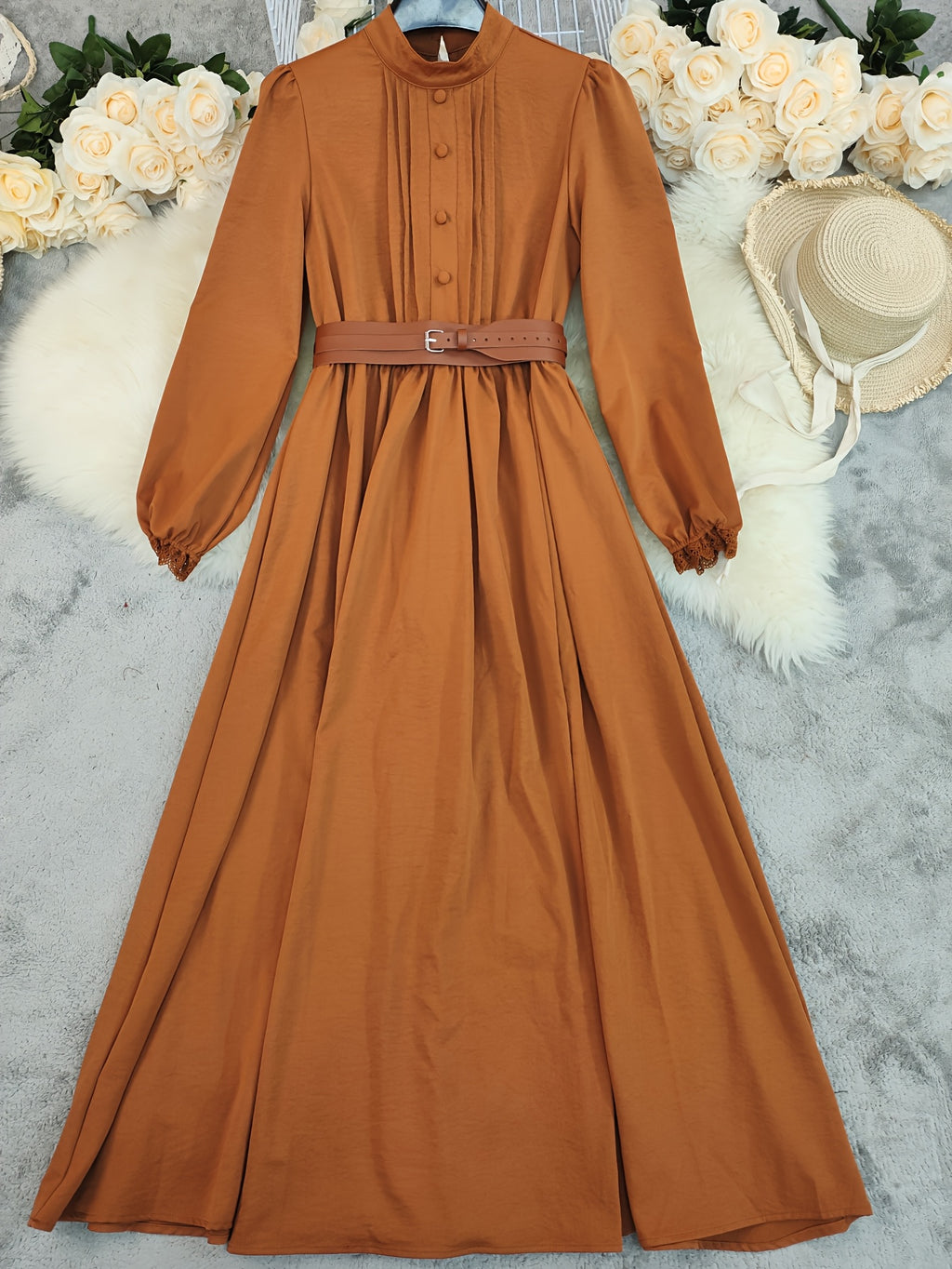 Autumn New Arrival Solid Color Elegant Small Round Neck Long Sleeve Button-Wrap Pleated Skirt with Belt Vintage Women's Long Dress - LN1782 - Orange-Red