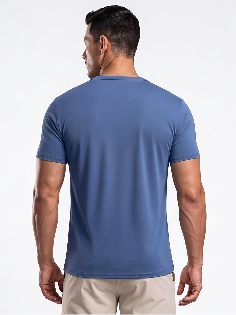 Men's Minimalist Sporty V-Neck Quick-Dry T-Shirt, Lightweight Breathable Moisture-Wicking Polyester Fiber Short-Sleeve Top, Solid Color Slim-Fit Casual Fitness Shirt, Suitable for Fitness, Running, Outdoor, Light Outdoor, and Urban Commuting - Navy Color