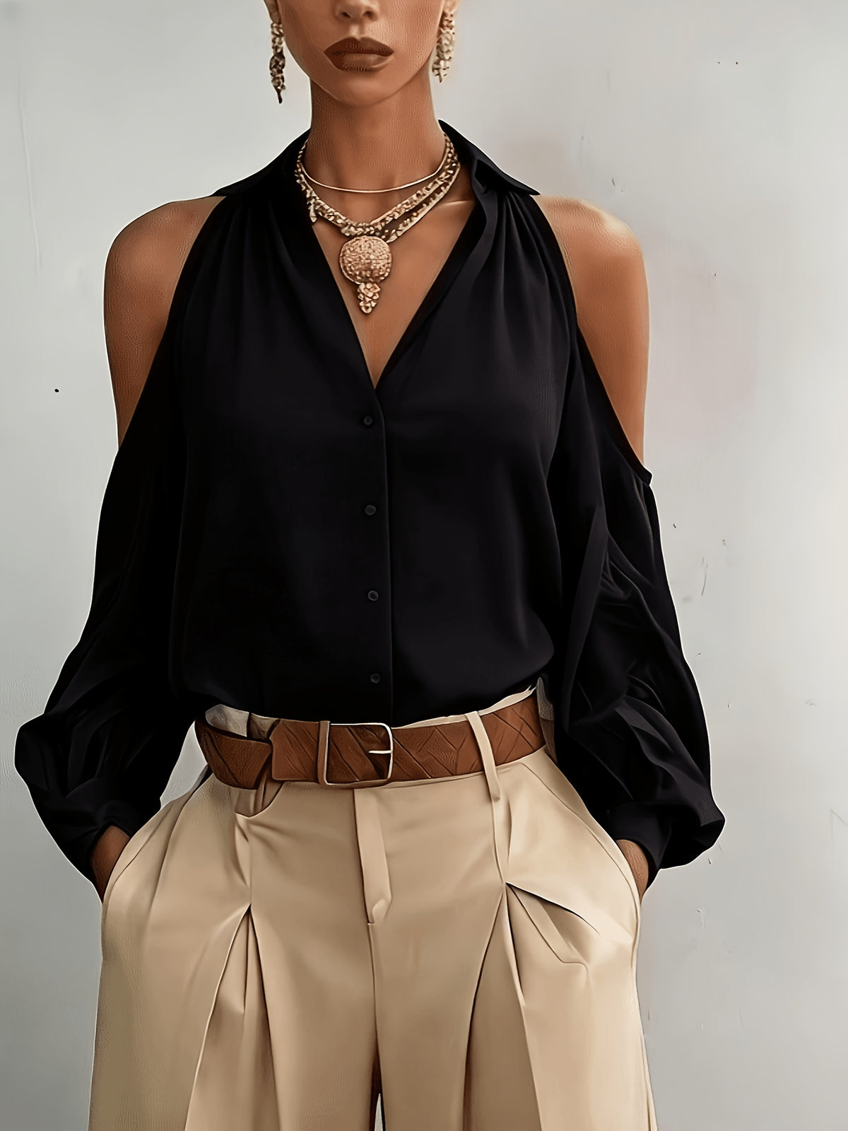 Women's Elegant Top, Summer Off-Shoulder Solid Color Blouse, for Commuting, Dating, and Daily Versatile Wear, with Lapel Collar and Buttons, Solid Color Long Sleeve Shirt ASD1 - Black