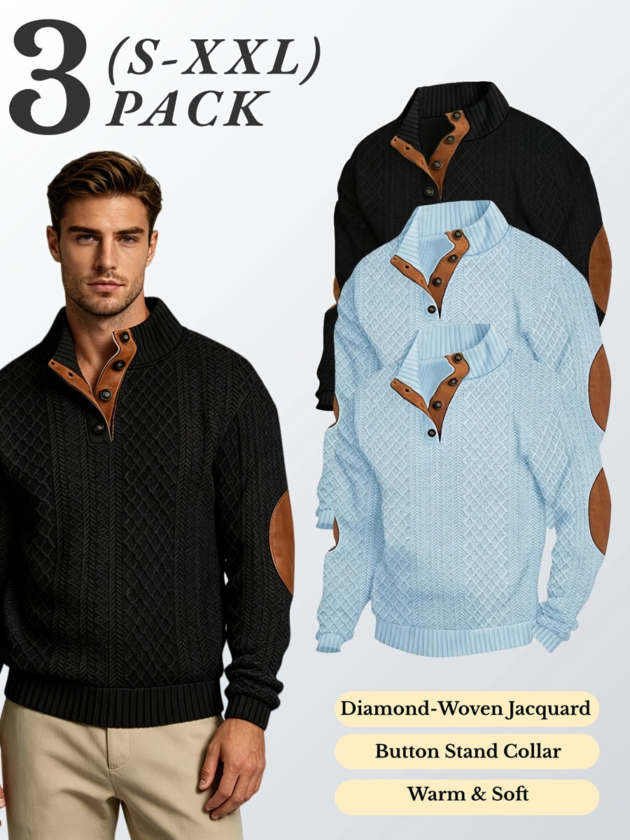 3pcs Men'S Textured Jacquard Knit Sweater Retro Casual Button-Up Stand Collar Long Sleeve Top for Autumn Winter Outing Home Versatile Basic Solid Color - Sky Blue 2+Black