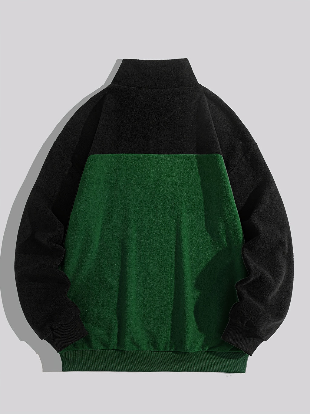 Men'S Fleece Ethnic Style Webbing Color Block Stand-Up Collar Sweatshirt Warm Casual Jacket - fern green
