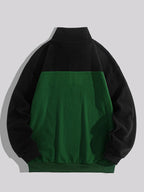 Men'S Fleece Ethnic Style Webbing Color Block Stand-Up Collar Sweatshirt Warm Casual Jacket - fern green