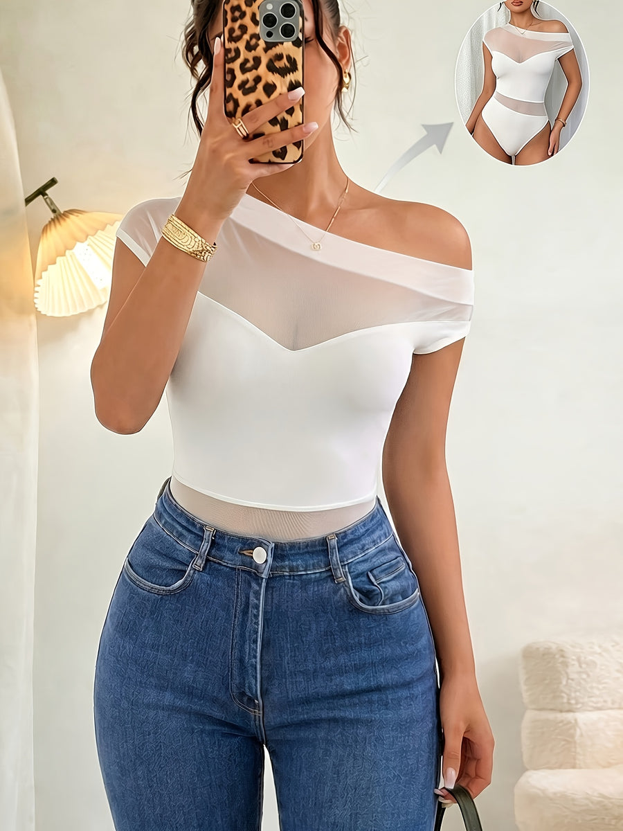 New Women's Versatile Summer Mesh Bodysuit, Elegant and One-shoulder Mesh Patchwork Pleated Bodysuit, Sexy Party and Nightclub Outfit, Elegant Summer Women's Bodysuit. - White
