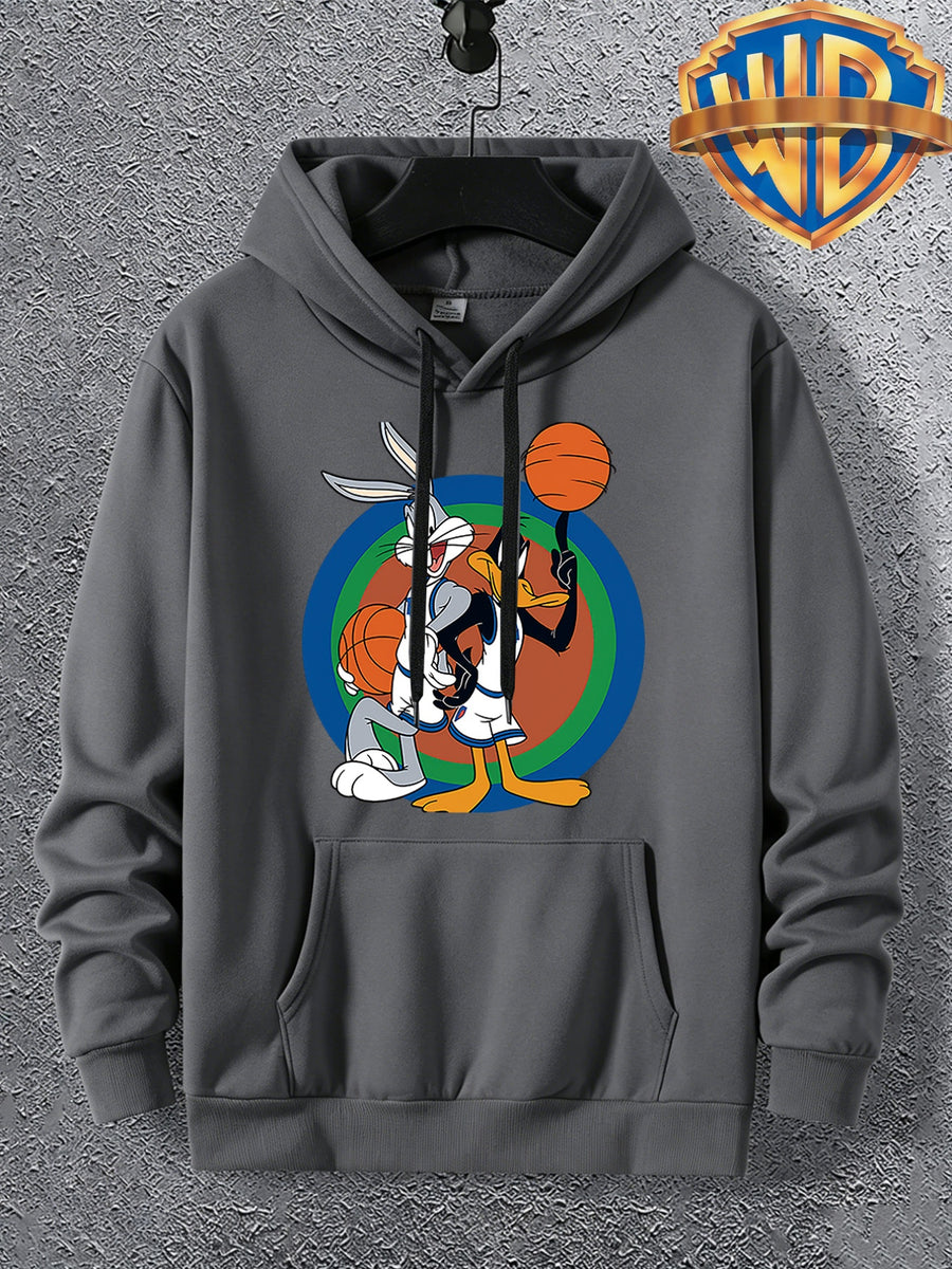 Warner Licensed Men'S Autumn Long Sleeve Hooded Sweatshirt, Durable Ribbed Cuffs, Breathable Polyester Fabric, Round Bottom with Rabbit And Duck Cartoon Print, Suitable for School Youth Casual Wear, Class, Club, Court Activities - Deep Gray