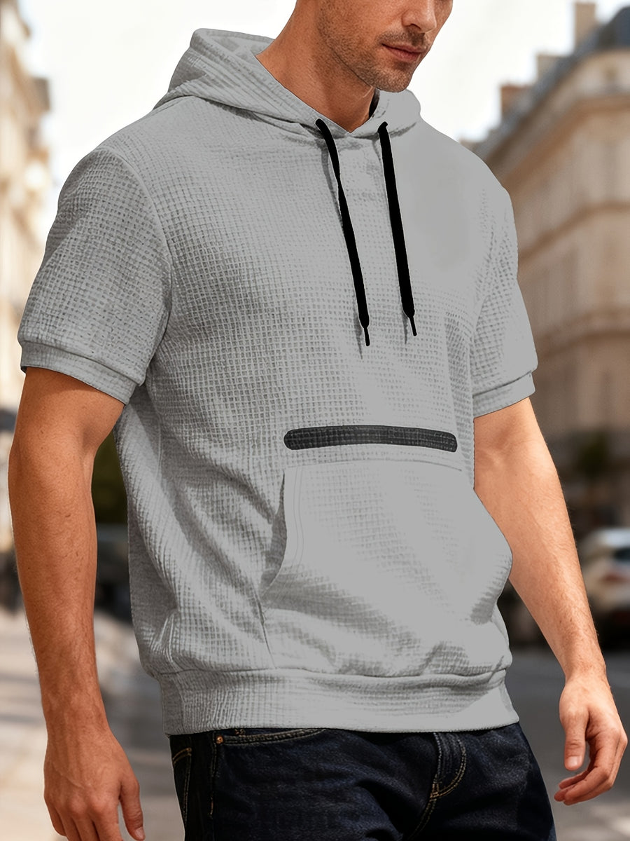 Spring/Summer Outdoor White Short-Sleeve Hooded Sweatshirt, Waffle Knit Breathable Fabric, Non-Stuffy, Versatile Half-Sleeve Top for Commuting and Shopping - Grey