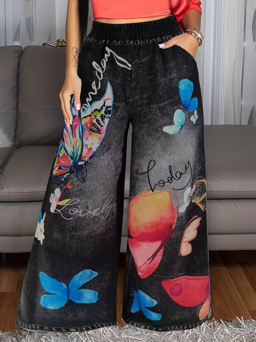 Women's Casual Wide-Leg Pants with Geometric Print - Relaxed Fit, Machine Washable, Pockets, Spring/Summer Lightweight for Casual Attire, Summer Outfit, Vibrant Print Patterns, Durable Material, Loosefit Trousers, Fashion Lovers - Mixed Color-black