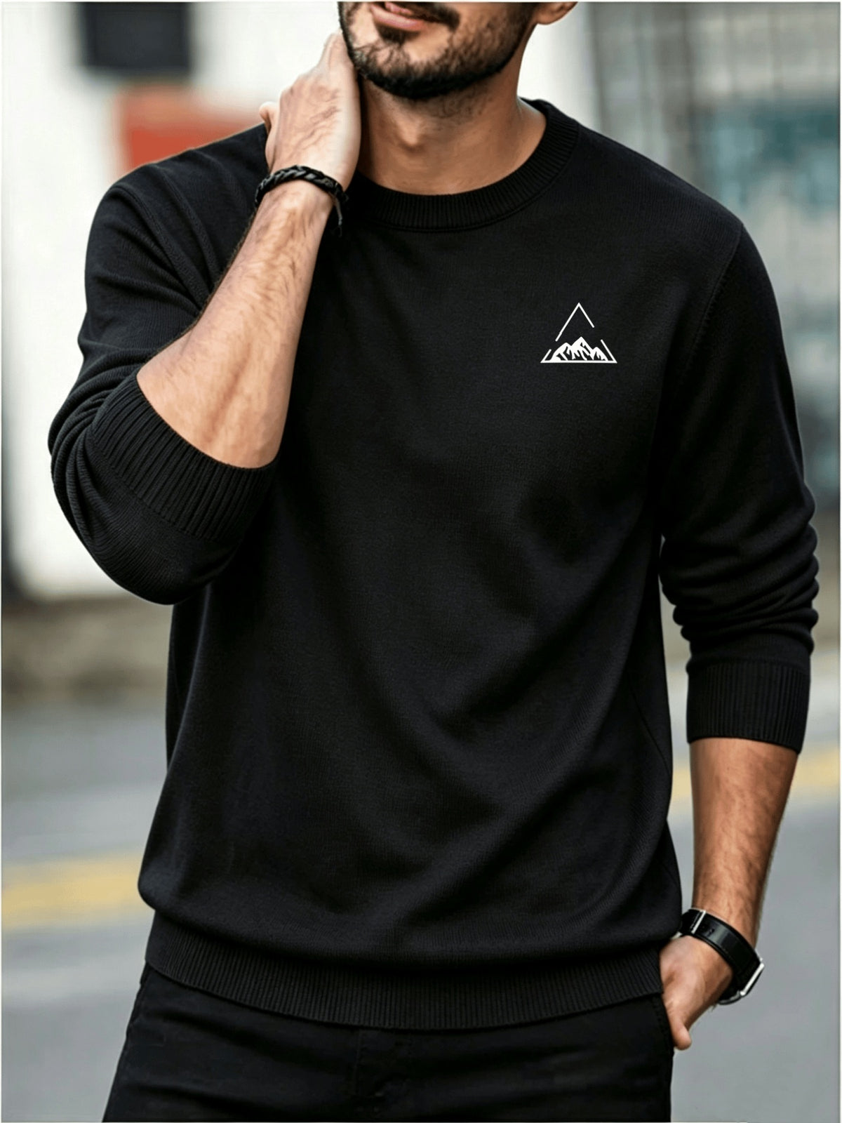 Men's Minimalist Triangle Print Knit Sweater - Warm Crew Neck Long Sleeve Pullover, Stretchable Base Layer Suitable for Autumn Winter Layering, Casual Office Wear & Cold Weather, Hand Washable Regular Fit Sweater - Black