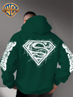 Warner Bros Official Superman Logo Print Men's Trendy Hooded Sweatshirt, Featuring Sleeve Print Design, Kangaroo Pocket, and Drawstring Hood, Suitable for Daily Wear in Autumn and Winter as Well as Outdoor Sports - a Must-have Item for Trend - Green