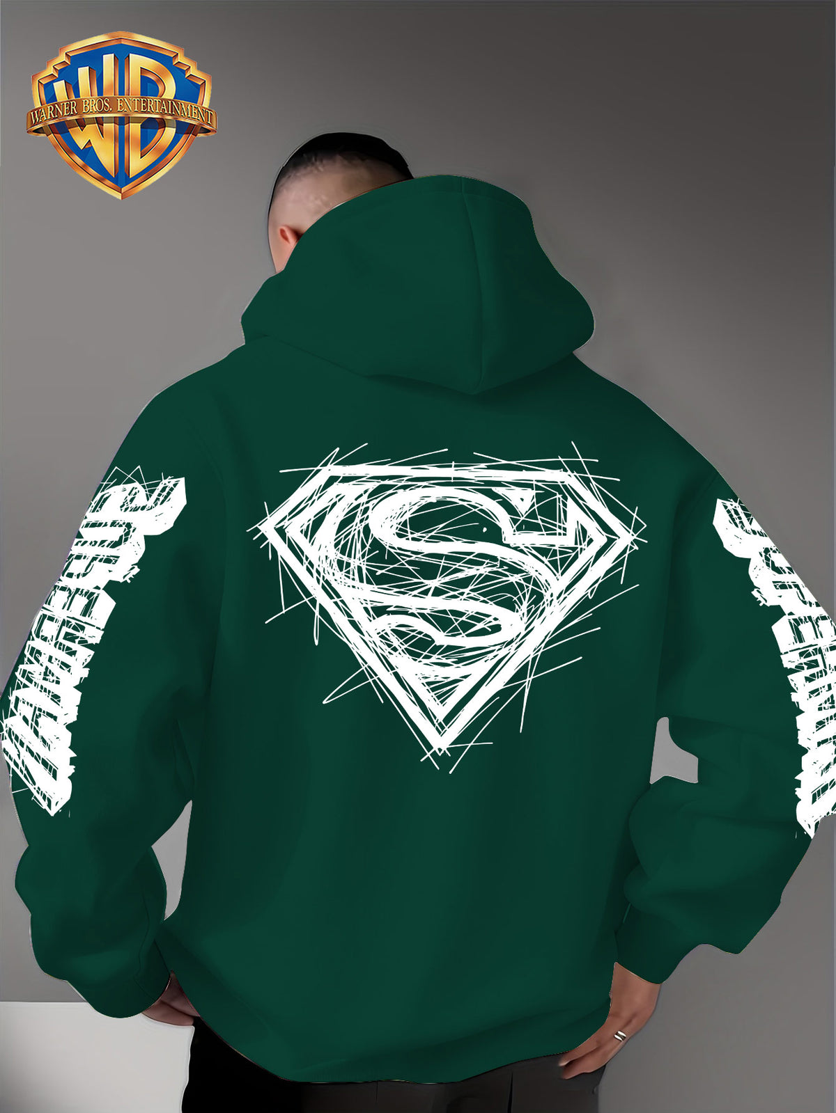 Warner Bros Official Superman Logo Print Men's Trendy Hooded Sweatshirt, Featuring Sleeve Print Design, Kangaroo Pocket, and Drawstring Hood, Suitable for Daily Wear in Autumn and Winter as Well as Outdoor Sports - a Must-have Item for Trend - Green