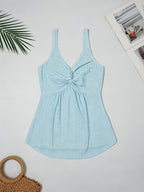 Western-style Women's Top with a Twisted Knot Design on the Chest, Made of Textured Lace Jacquard Fabric. A Spring/summer Beach, Outing, Date, or Vacation Shirt. "European Users Are Advised to Purchase One Size Smaller." - Light Blue