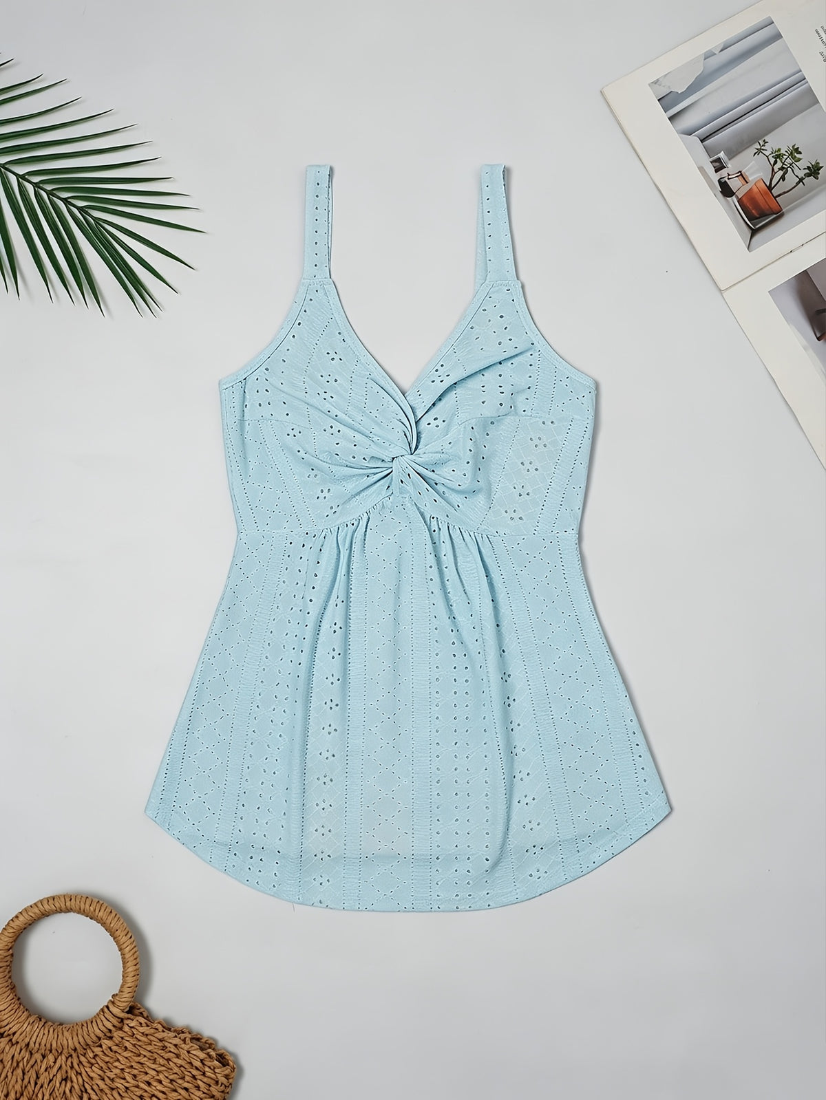 Western-style Women's Top with a Twisted Knot Design on the Chest, Made of Textured Lace Jacquard Fabric. A Spring/summer Beach, Outing, Date, or Vacation Shirt. "European Users Are Advised to Purchase One Size Smaller." - Light Blue