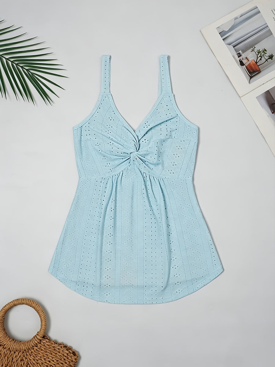 Western-style Women's Top with a Twisted Knot Design on the Chest, Made of Textured Lace Jacquard Fabric. A Spring/summer Beach, Outing, Date, or Vacation Shirt. "European Users Are Advised to Purchase One Size Smaller." - Light Blue