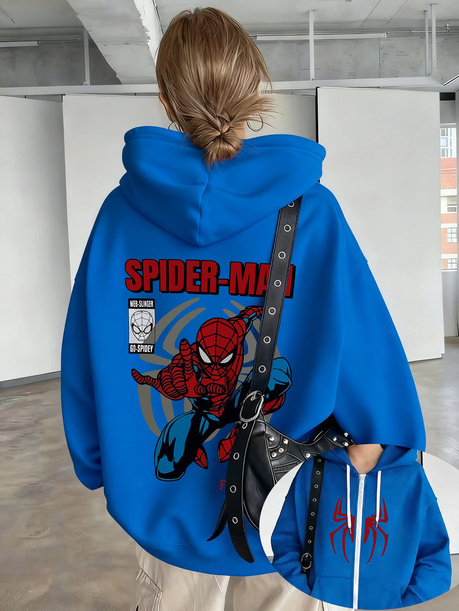 Licensed by Wb-Women'S Hoodie with Spidey Print-Spring And Autumn Casual Zip Hoodie, Fashion Sweatshirt, Spring And Autumn Vibrant Hoodie Zip Hoodie, Women'S - Royal Blue