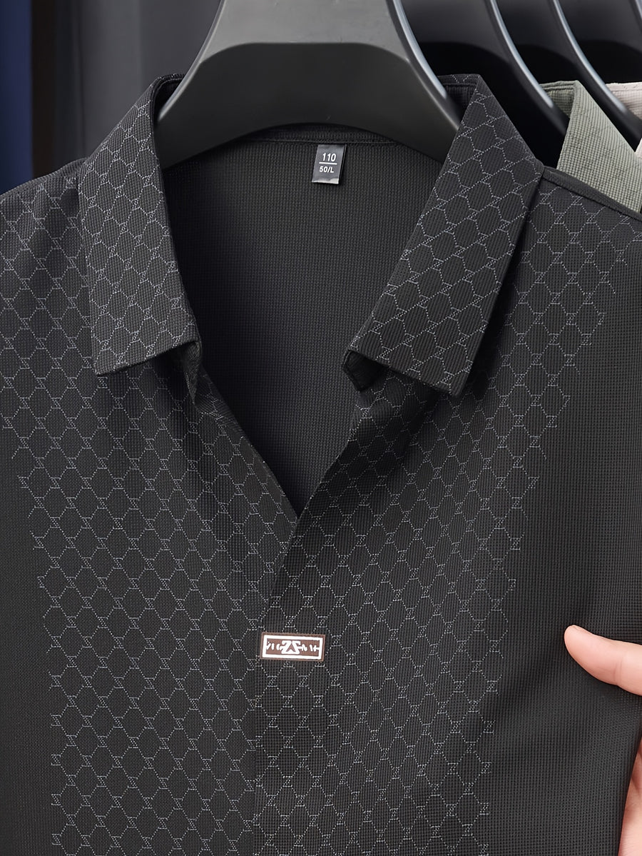 Men's Ice-Feel Seamless Polo Shirt, V-Neck Short-Sleeve Breathable T-Shirt, Summer Men's Business Casual Top, Men's Versatile Commuter T-Shirt, Lapel Basic Fit Top, Sporty Casual Versatile - Black