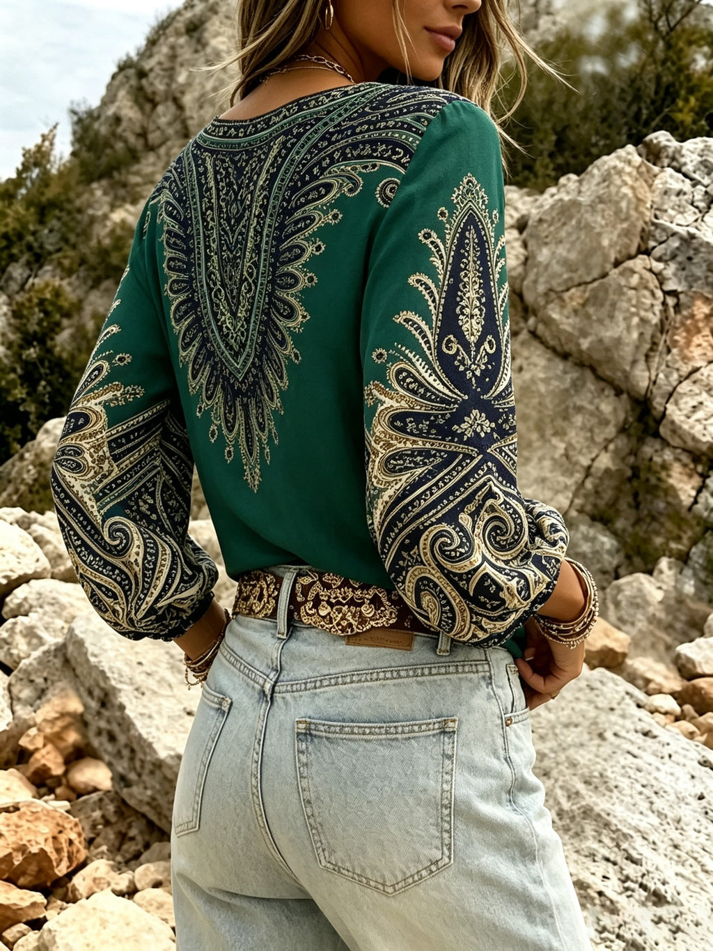 Ladies V-Neck Lantern Sleeve Top - Green