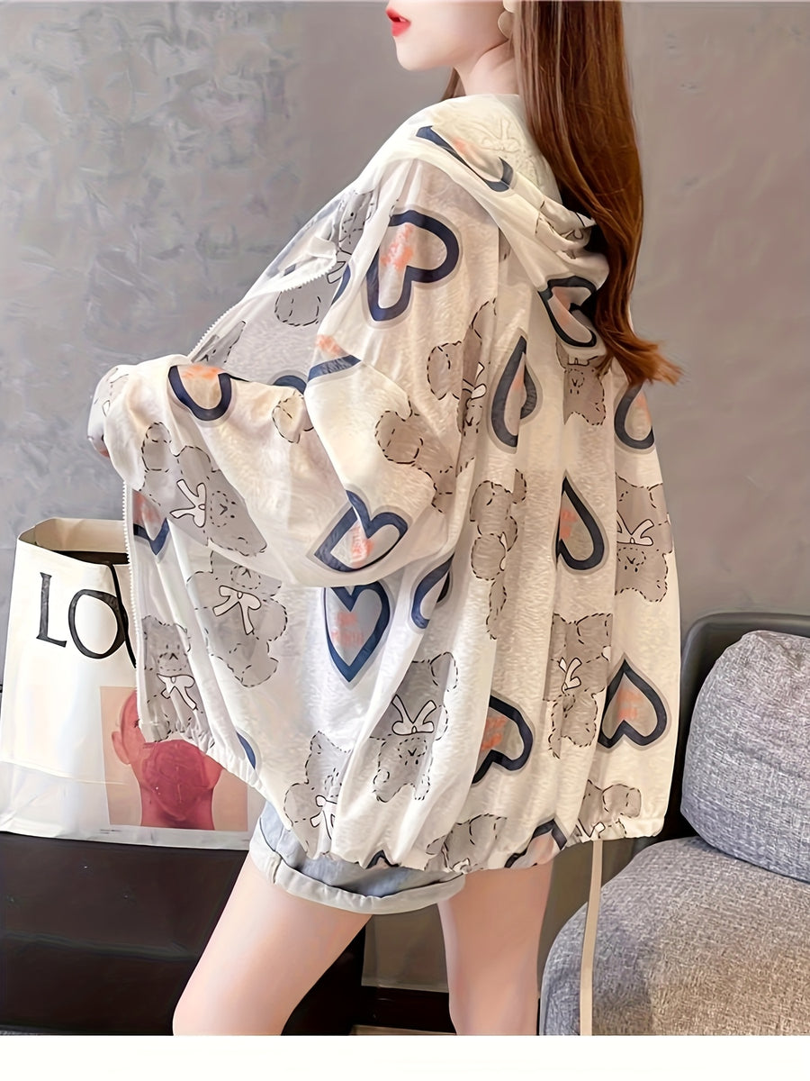 New Sunscreen Clothes for Women in Summer Loose Thin Cardigan Fashionable Long Sleeve Cool Breathable Hooded Mid-length Zipper Jacket - Multicolor