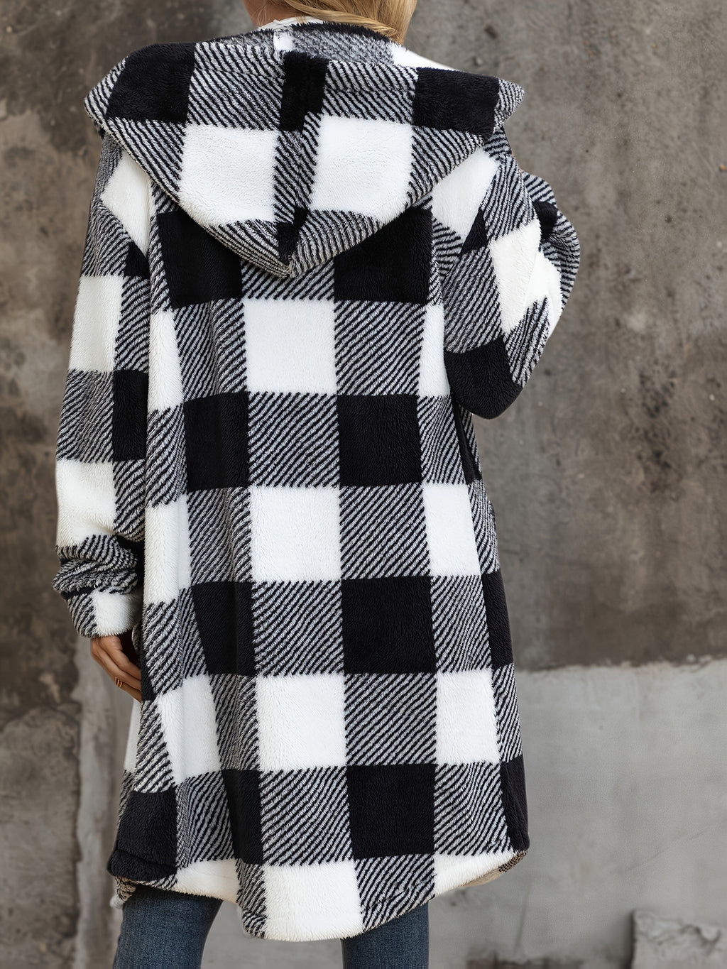 Popular European and American Women's Fashion: New Autumn/Winter Black and White Checkered Double-Sided Plush Hooded Pocket Mid-Length Casual Coat - Black And White Plaid