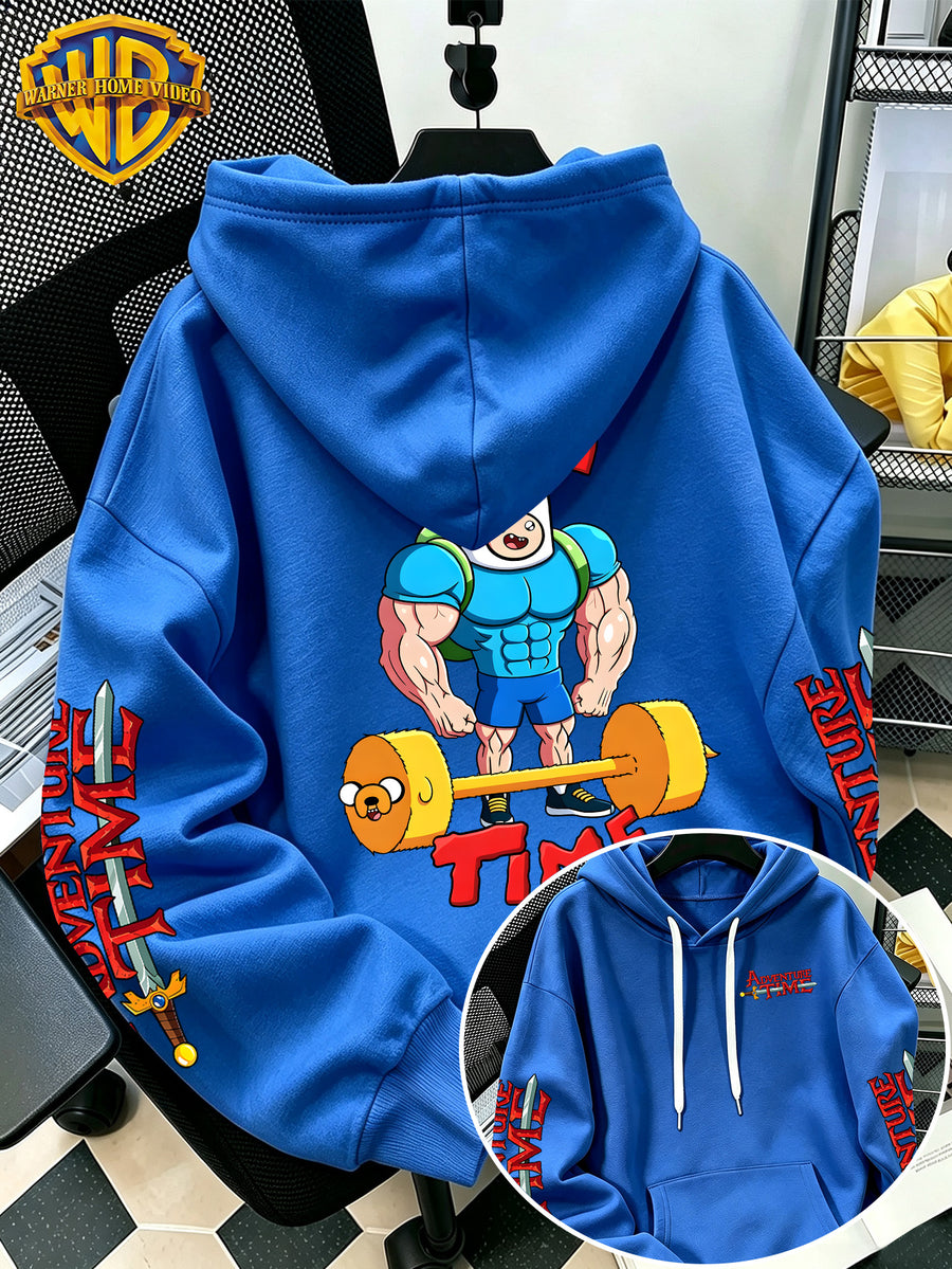 Warner Bros Official Adventure Time Finn and Jake Fitness Barbell Print Hooded Sweatshirt - Men's Casual Versatile Sweatshirt, Comfortable Autumn/Winter Wear, Ideal for Sports, Outdoor Activities, Outings, Travel, and Daily/Commute/Home Use - Blue
