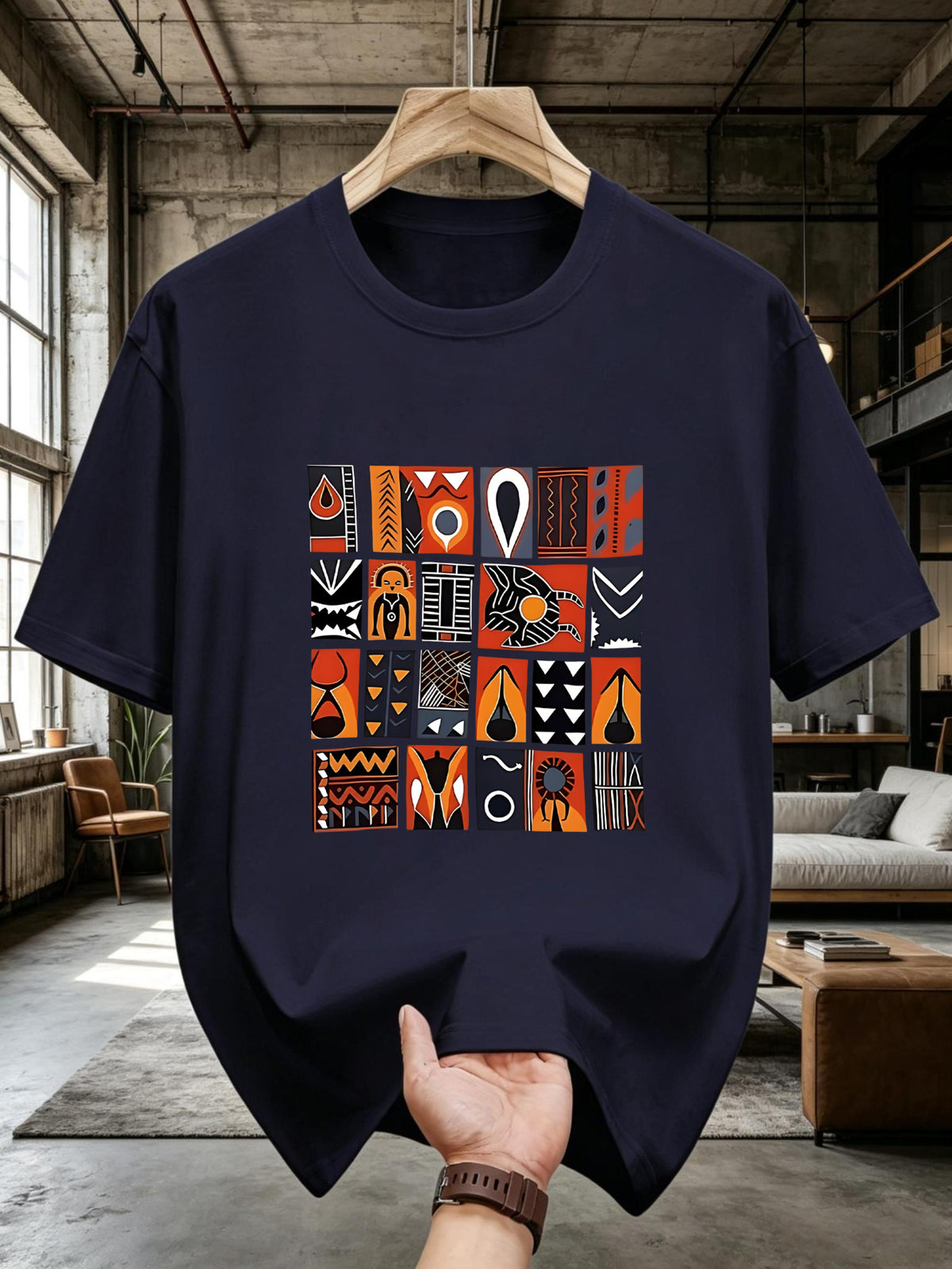 New Pure Cotton African Inspired Men's T-Shirt with Tribal Pattern And Geometric Design for Casual Wear In Summer And Autumn Perfect Gift for Him - Navy Color