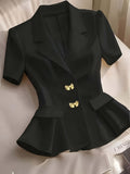 Elegant Women'S Solid Color Short Sleeve Lapel Blazer, Metal Button Detail Blazer, Suitable for Commuting, Vacation, Business, And Casual Wear - Black