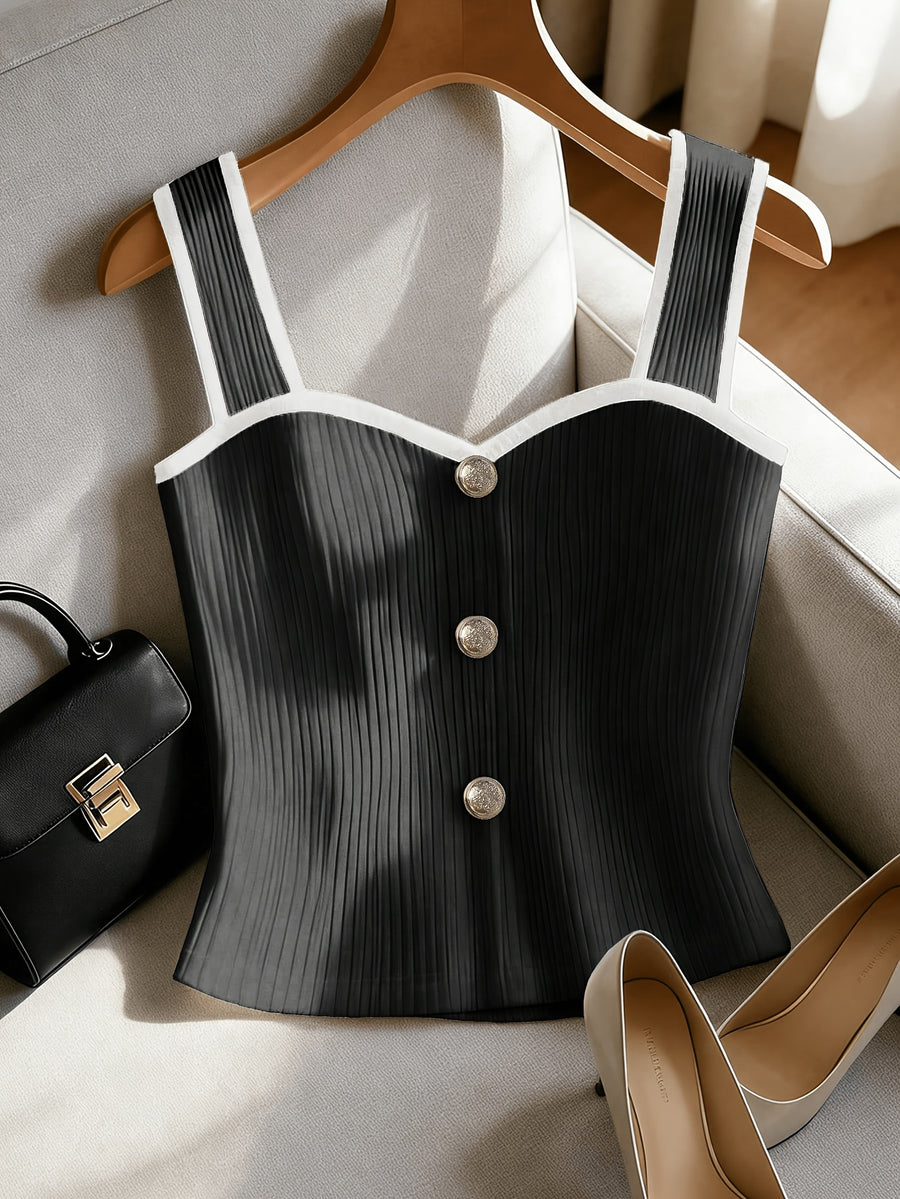 New Spring Summer Style, Elegant French Style Sleeveless White Vest, Fashionable And Graceful, Featuring High-End Decorative Buttons And a Unique Black And White Block Design - Black
