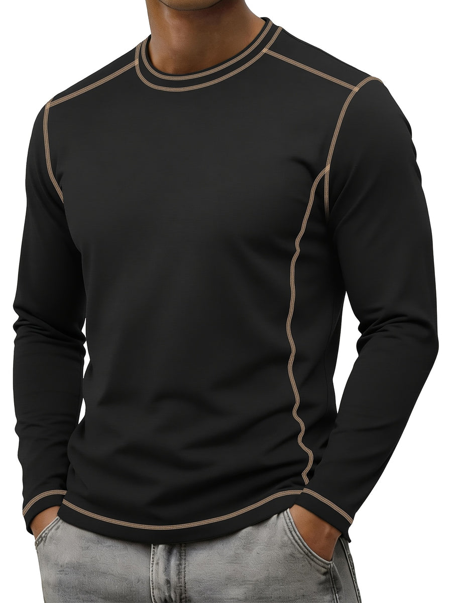 Men's Retro Patchwork T-Shirt - Solid Color Base with Contrast Patch Suitable for Fall/Winter, Round Neck Long Sleeve Casual Layering Top, Machine Washable Blending Shirt for Outdoor & Casual Attire (Regular Fit) - Black