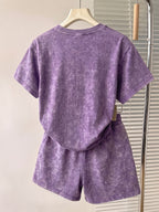 Summer Autumn Fashion Distressed Washed Short Sleeve Shorts with Drawstring Casual Women'S Set, Comfortable for Hot Weather, Classic Silhouette, Relaxed Fit, Casual Home And Outing Two-Piece Set - Dark Violet