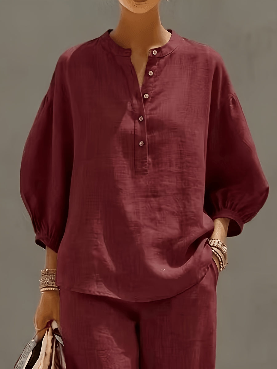 260601143 Women's Fashionable Autumn Elegant Commuter Half-Open Placket Button Lantern Sleeve Stand Collar Shirt with Casual Wide-Leg Long Pants 2pcs Set - Deep Red