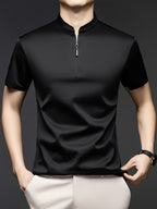 [Josh Mei Obm] Summer Men'S Solid Color Short Sleeve Zipper T-Shirt, Mid-Age Casual Stand-Up Collar Pullover Top - Black