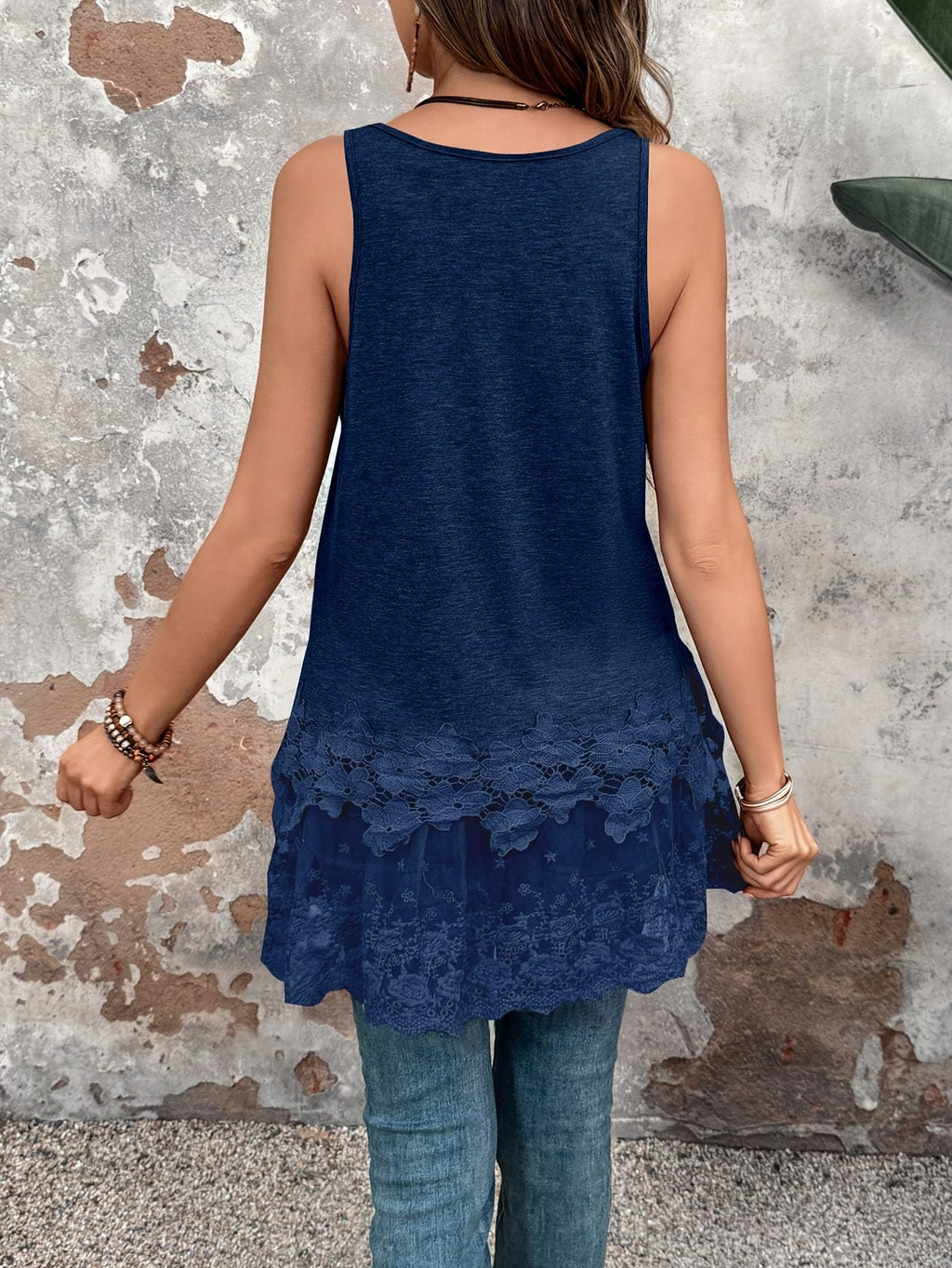 Women's Fashion Long Vest with Contrast Lace for Summer - Sea Blue