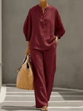 260601143 Women's Fashionable Autumn Elegant Commuter Half-Open Placket Button Lantern Sleeve Stand Collar Shirt with Casual Wide-Leg Long Pants 2pcs Set - Deep Red