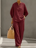 260601143 Women's Fashionable Autumn Elegant Commuter Half-Open Placket Button Lantern Sleeve Stand Collar Shirt with Casual Wide-Leg Long Pants 2pcs Set - Deep Red