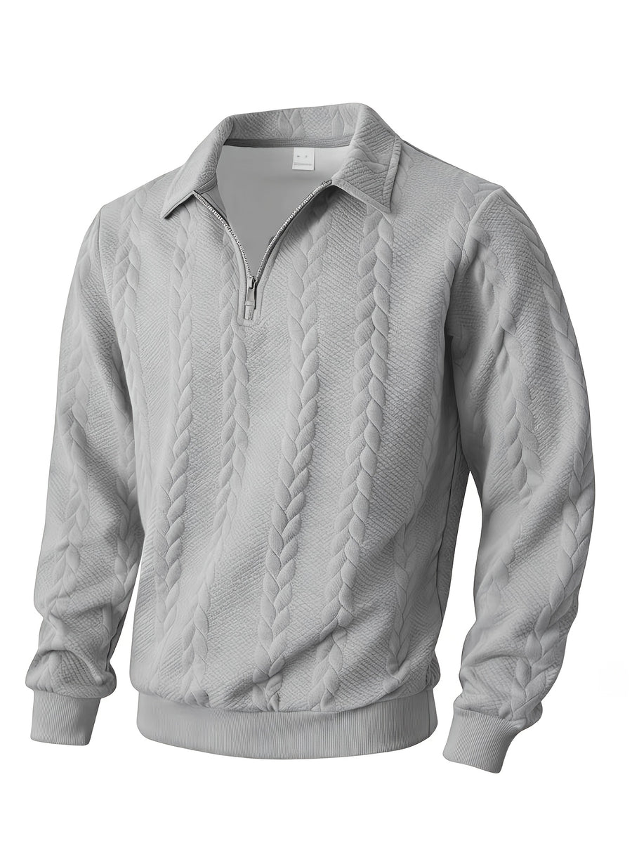 Men's Lapel Jacquard Knit Sweater for Spring, Autumn, and Winter, Casual Long-Sleeve Half-Open Front Zipper Fashionable Versatile Knit Outerwear Sweatshirt - Light Grey