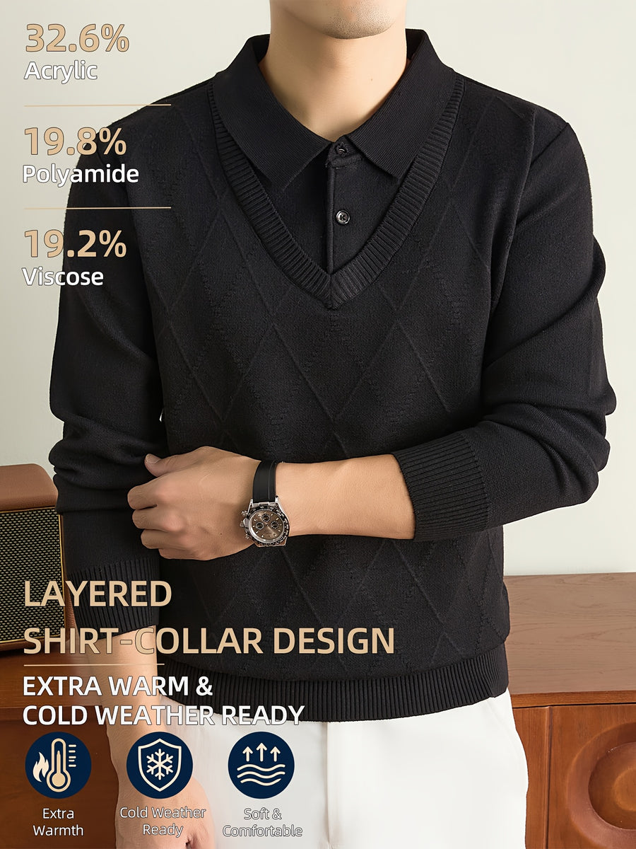 Men's Grey Polo Sweater, Faux 2pcs Shirt-Collar Design, V-Neck & Subtle Diamond Knit Pattern, Classic Refined Style, Warm Autumn Winter Pullover for Casual Wear, Golf & Outdoor Activities - Black