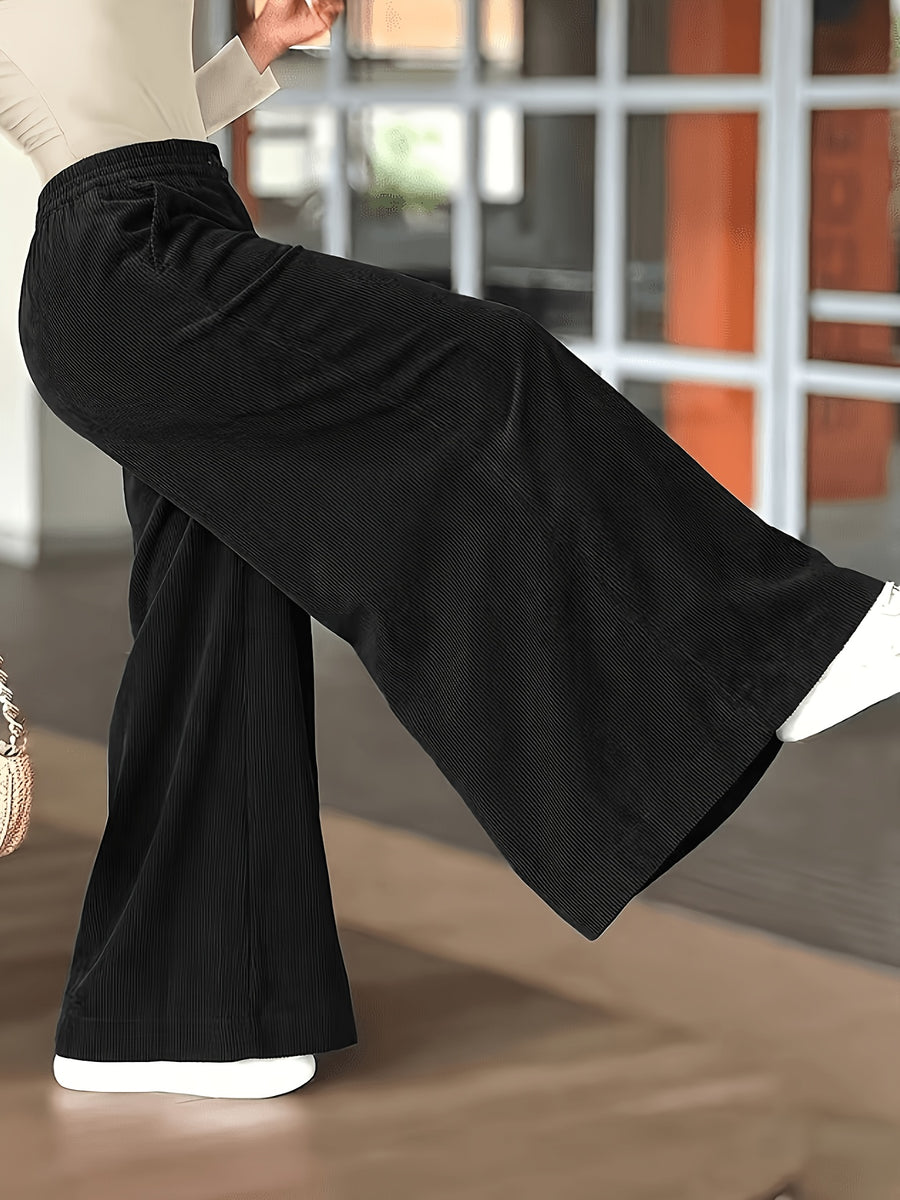 2026 Women's Corduroy Fashion Casual Wide-Leg Pants with Pockets, Elegant Loose Straight-Leg Trousers, High-Waist Flowy Wide-Leg Pants, Loose Fit Trousers - Black