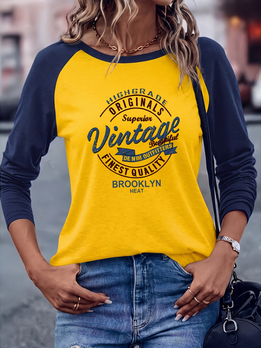 Brooklyn Vintage Pattern Design European and American Style Women's Daily Versatile Comfortable Casual Color-Blocked Crew Neck Raglan Long Sleeve T-Shirt - Yellow collides with deep blue