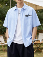 Summer Lightweight Cool and Handsome Fashionable Trendy Men's Simple Letter Print Short Sleeve Striped Loose Fit Casual Outerwear Shirt - Light Blue