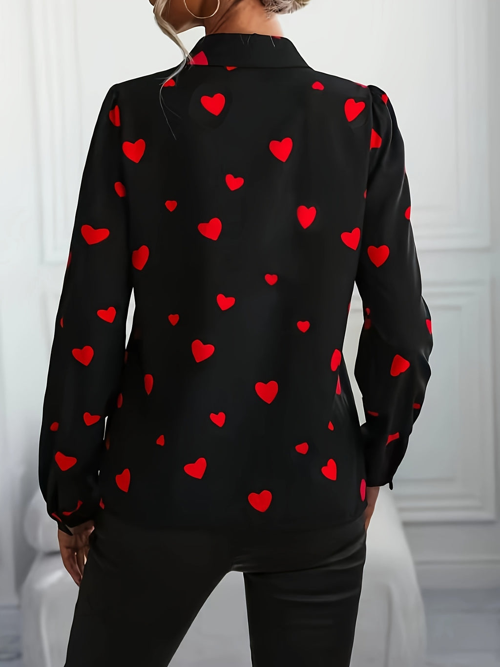 Fortune-Attracting Targeted Love Heart Print Slim-Fit Long Sleeve Shirt - Black