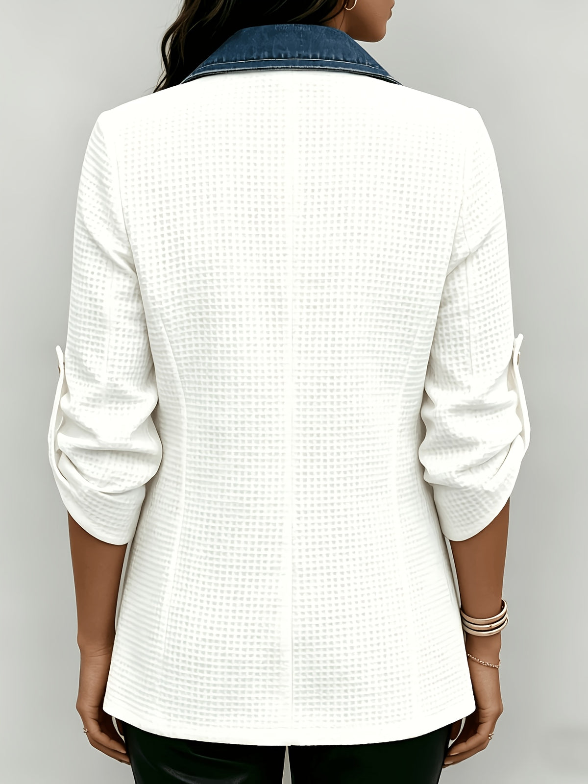 2026 New Spring And Autumn European And American Style Denim Patchwork Waffle Weave Suit Jacket Women'S Commute Versatile Rolled Sleeve Cardigan Top YYTT - White