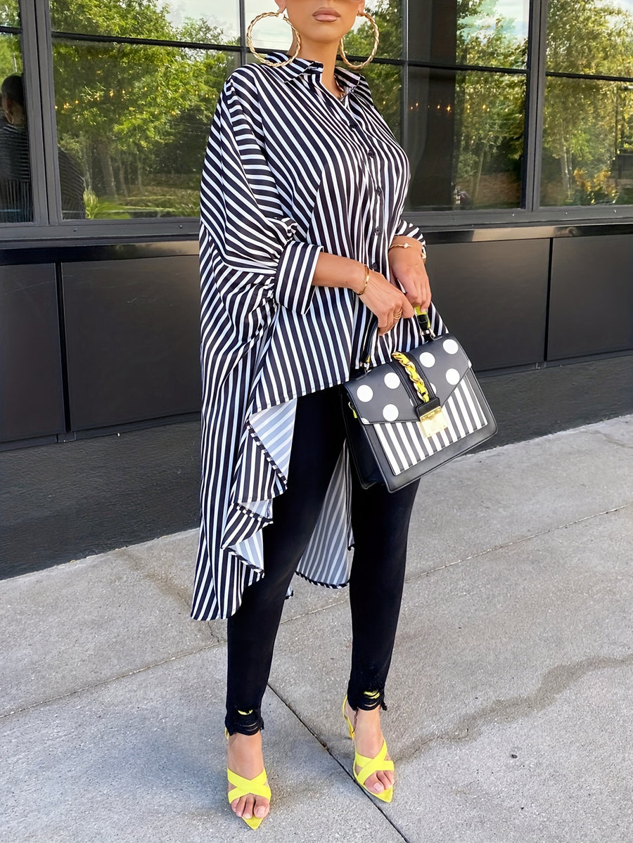 Women'S Striped Print Front Short Back Long Casual Long Sleeve Shirt - Black And White Color