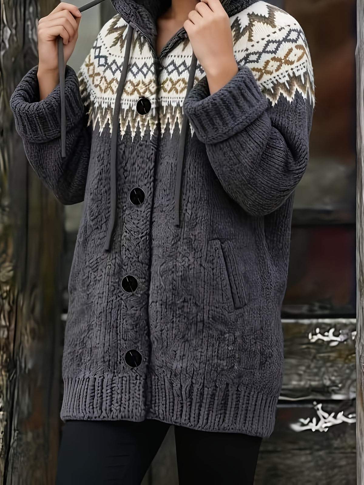 Fashionable Casual Long-Sleeve Hooded Cardigan for Women with Contrasting Colors And Pockets - Grey