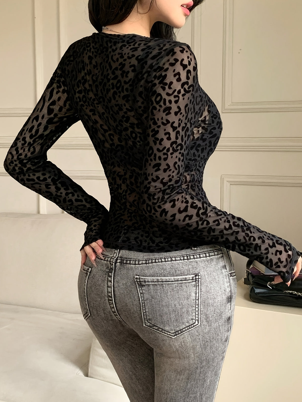 Spicy Leopard Print Mesh Long Sleeve T-Shirt for Women, 2026 New Slim Fit Flattering Sexy Zipper Cardigan Top, Flocked Leopard Print Semi-Sheer Outerwear, Spicy Leopard Print Mesh Zipper Cardigan for Women, 2026 New Slim Fit Flattering (Does Not - Leopard flocking
