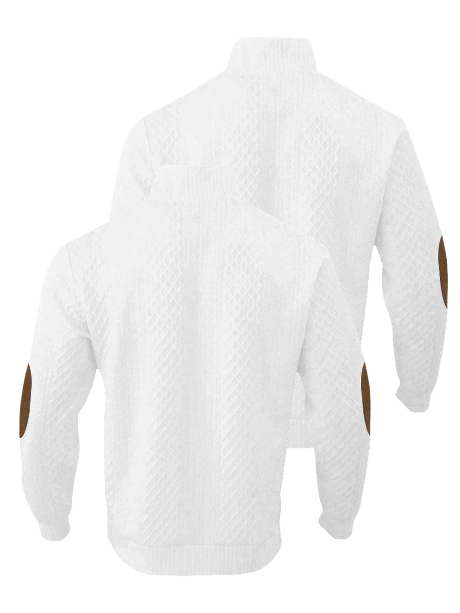 2pcs Men's Stand Collar Jacquard Knit Henley Shirts, Mature Vintage High Neck Pullover Polo, Random Texture Color-Block Collar Jacquard Patchwork Design, Suitable for Outdoor Casual Sports Wear, Ideal as Men's Birthday Gift, Outdoor Clothing - White