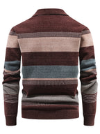 Men's Thickened Sweater with Polo Collar & Lapel - Warm Winter Pullover, Contrast Striped Suitable for Daily Commuting and Vacations, Hand Washable Suitable for Old Money Style, Seagull Collar, Beltless for - Wear - Coffee Color