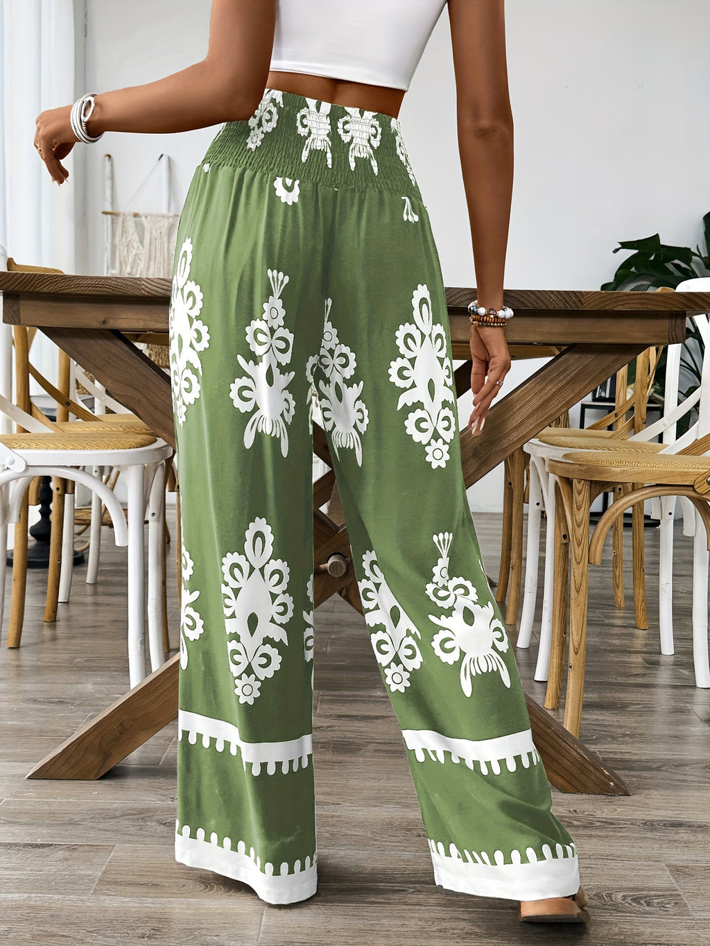 Floral Waist-Tie Fashion Casual Printed Pants, Women's Long Wide-Leg Trousers - olive drab