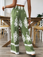 Floral Waist-Tie Fashion Casual Printed Pants, Women's Long Wide-Leg Trousers - olive drab