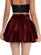Solid Color Faux Leather Casual Skirt, High-Elastic Fashion Pleated Mini Skirt, Women'S Clothing - Burgundy