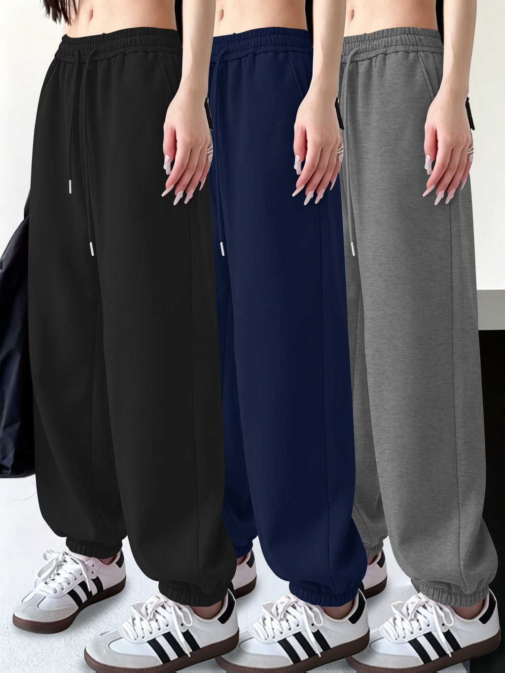 3pcs Set Halloween Casual Long Pants Elastic Waistband Pants, Warm Elastic Waistband Casual Trousers for Women's Outerwear in Fall/Winter - Black+blue+dark Gray
