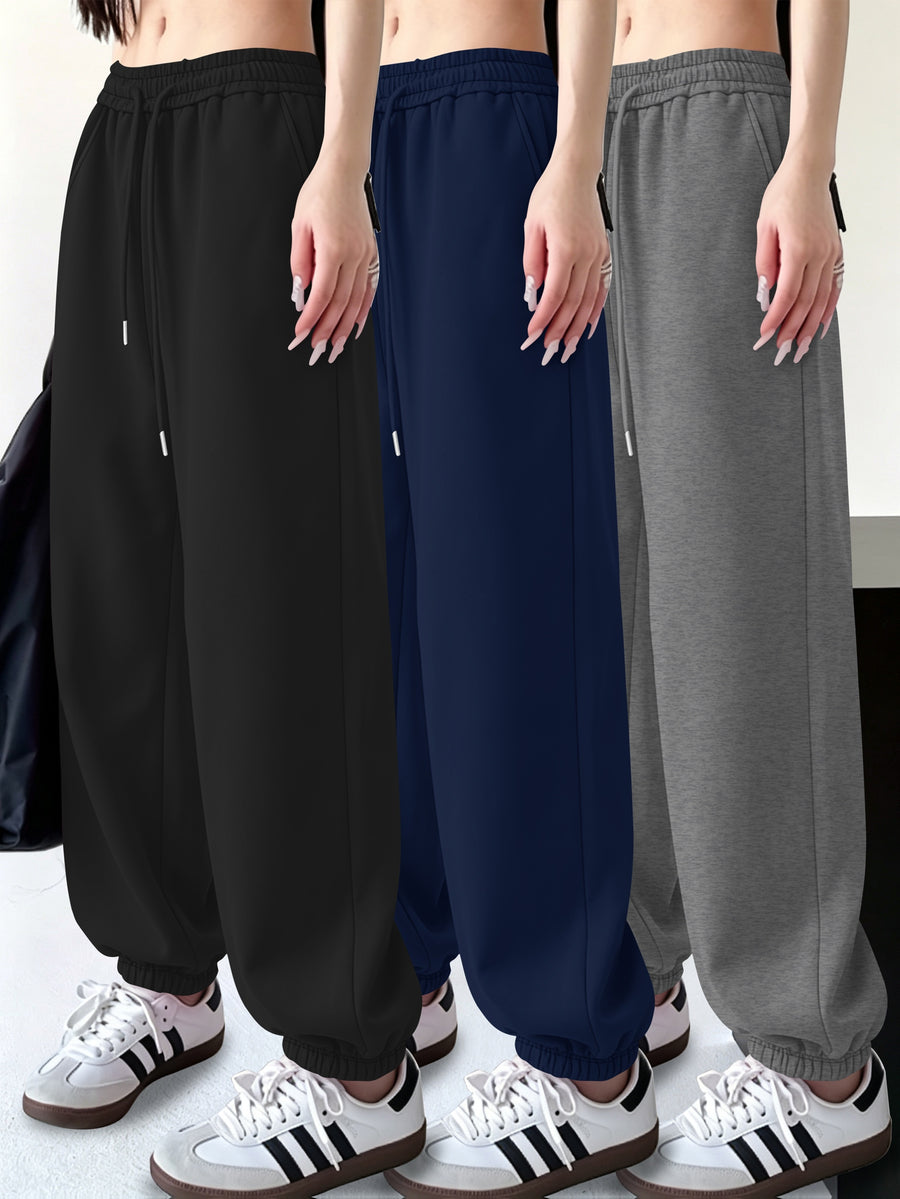 3pcs Set Halloween Casual Long Pants Elastic Waistband Pants, Warm Elastic Waistband Casual Trousers for Women's Outerwear in Fall/Winter - Black+blue+dark Gray